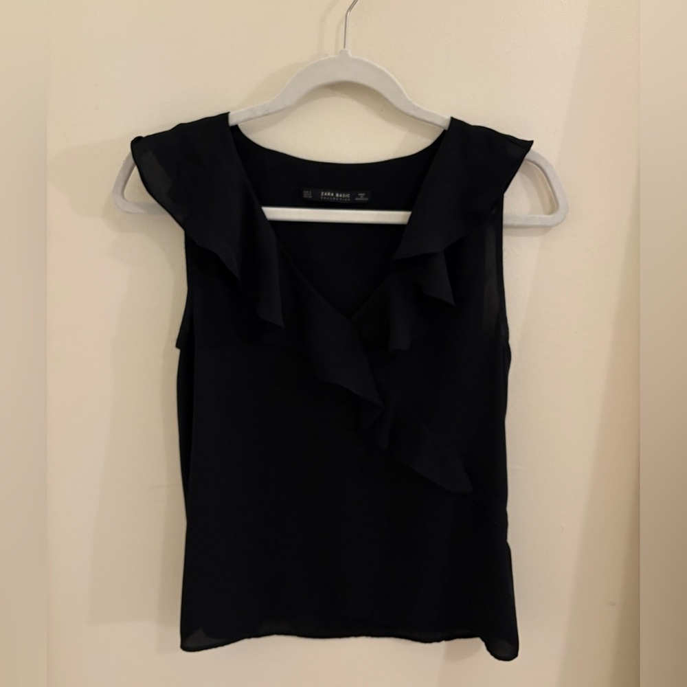 Zara Black Ruffled Sleeveless Blouse